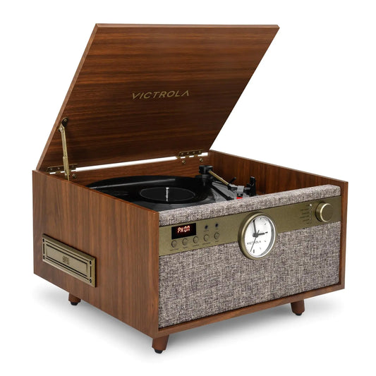 Victrola Century 6-in-1 Vinyl Record Player & Music Center - 3-Speed Turntable CD & Cassette Player VINYLSTREAM Bluetooth & 3.5mm Aux Record Player with Speakers Mid Century Design Walnut