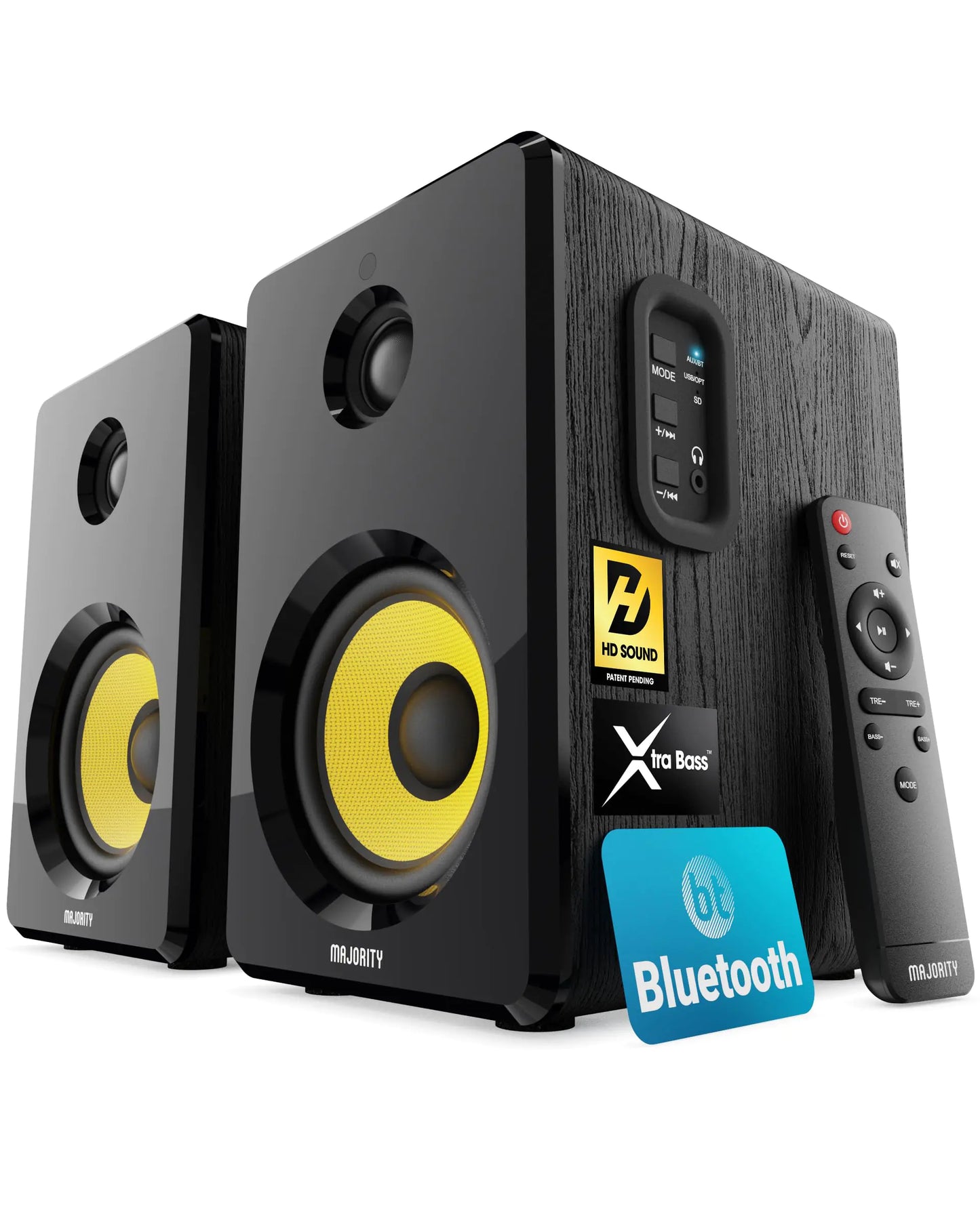 Majority Bluetooth Active Bookshelf Speakers with 70 Watts Power | Hi-Fi Powered Speakers Kevlar Yellow Speaker Cone and Wooden Cabinet | Optical RCA USB & AUX Remote D40X Stereo Speakers