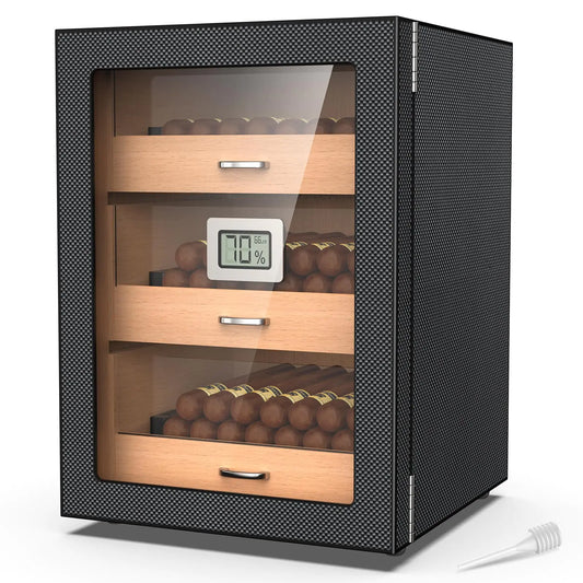 Mojgar Humidor Large Capacity (150 Cigars) Magnetic Door/Carbon Fiber/Vintage High-End Style Cigar Humidor 3-Layer Cedar Wood Tabletop Humidor with Humidifier & Electronic Hygrometer Gift for Men