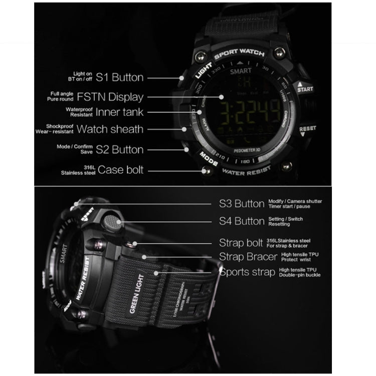 EX16 1.12 Inch FSTN LCD Full Angle Screen Display Sport Smart Watch, IP67 Waterproof, Support Pedometer / Stopwatch / Alarm / Notification Remind / Call Notify / Camera Remote Control / Calories Burned, Compatible with Android and iOS Phones