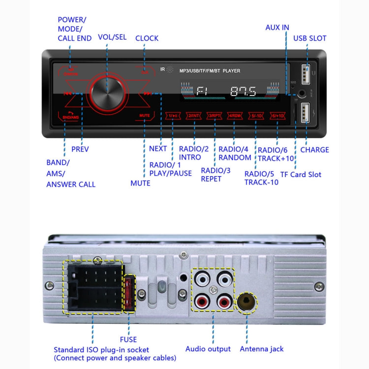 M10 12V Car Radio Receiver MP3 Player, Support Bluetooth Hand-free Calling / FM / USB / SD Card, M10