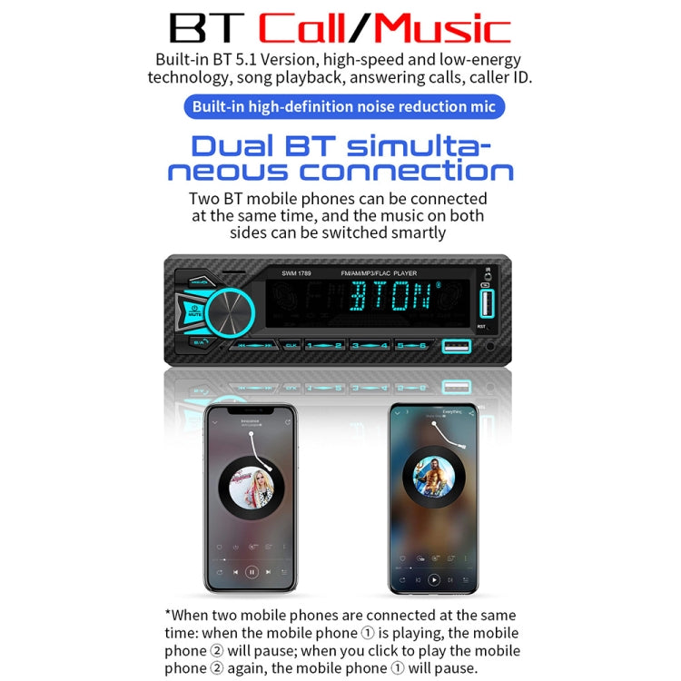 SWM-1789 Car Radio Receiver Bluetooth 5.1 MP3 Player with Remote Control, SWM-1789