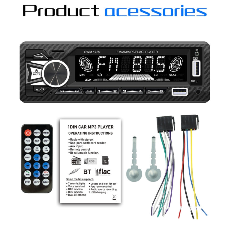 SWM-1789 Car Radio Receiver Bluetooth 5.1 MP3 Player with Remote Control, SWM-1789