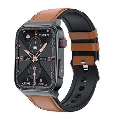 E500 1.83 inch HD Square Screen Leather Watch Strap Smart Watch Supports ECG Monitoring / Non-invasive Blood Sugar, Leather Strap(Black), Leather Strap(Brown)