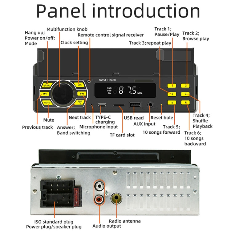 SWM D3400 Car Bluetooth MP3 Player Support Smart Voice Assistant / FM