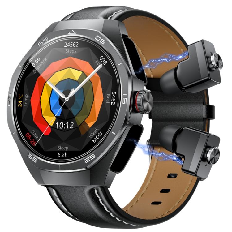 GT97 1.53 inch Round Screen 2 in 1 Bluetooth Earphone Leather Strap Smart Watch Supports Bluetooth Calls