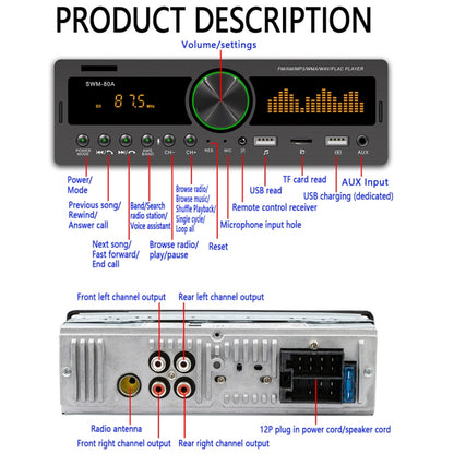 SWM-80A DC12V Car MP3 Support FM / AM & Bluetooth & Mobile Phone Voice Assistant, SWM-80A