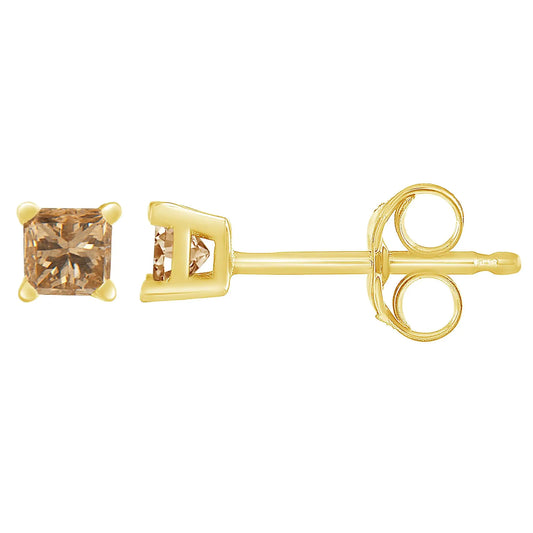 14K Yellow Gold 0.40 Cttw Princess-Cut Square Champagne Diamond Stud Earrings (Natural Color, I2-I3 Clarity)