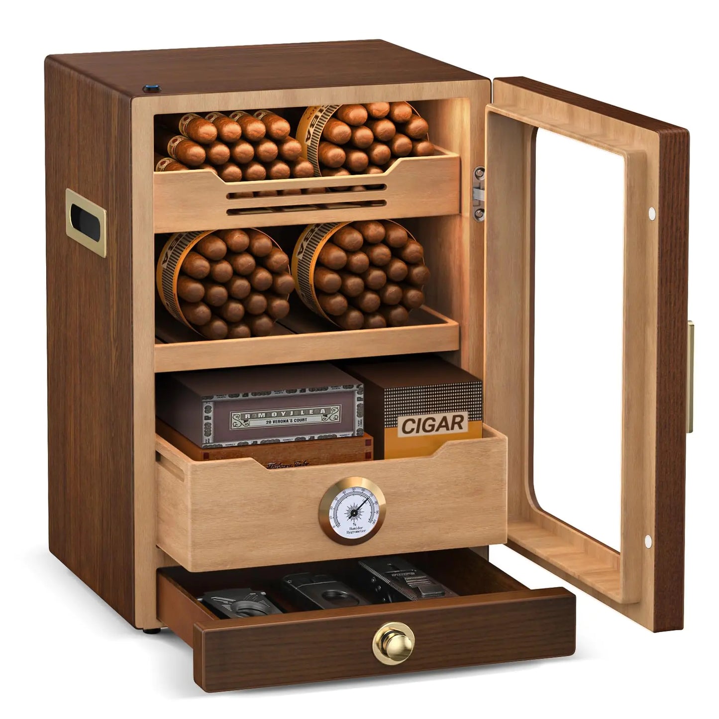 USEWIRE Cigar Humidor LED Lighted Cigar Humidor Cabinet for 100 to 150 Cigars with Hygrometer Spanish Cedar Lining Magnetic Door 3+1 Large Capacity Drawers and 3 Cigar Humidifiers Gifts for Men