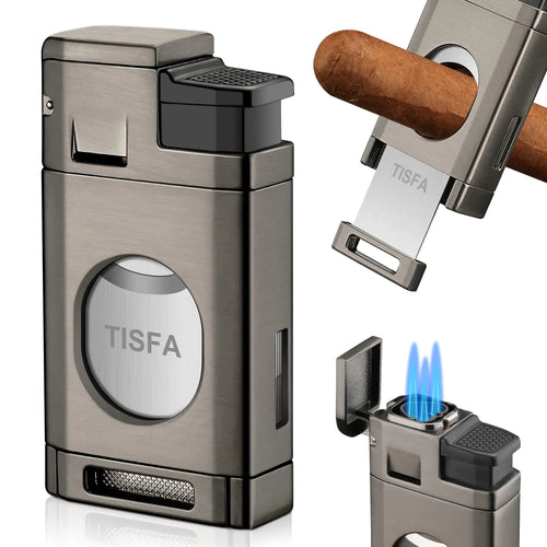 TISFA Cigar Lighter Butane Lighter with Cigar Cutter Triple Jet Flame Torch Lighter Cuts Up to 60 Ring Gauge Cigars Refillable Butane Windproof Lighters (Gray)