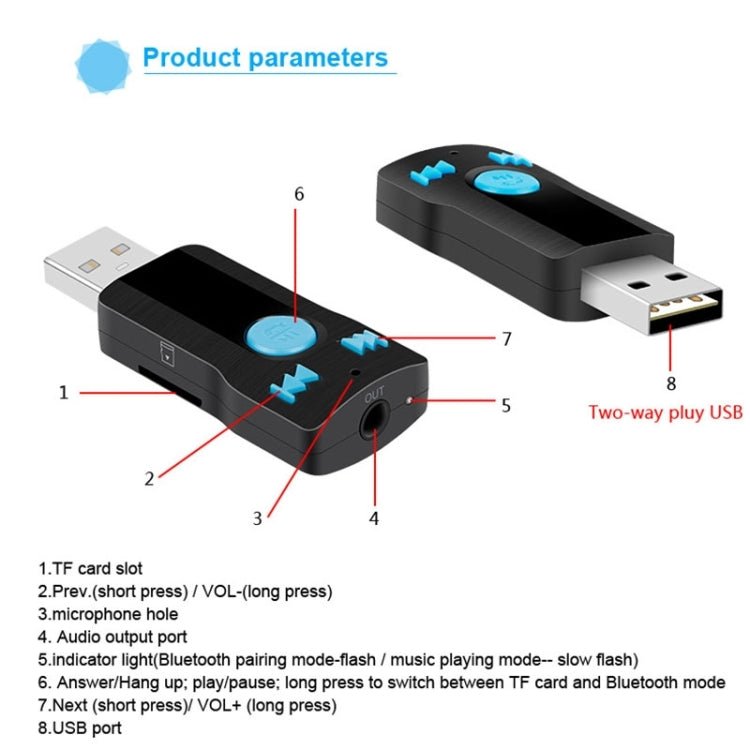 BC07 Mini Brushed Texture USB Bluetooth Receiver MP3 Player SD/TF Card Reader with Microphone & Audio Cable, Support Handsfree & AUX Output & 32GB Micro SD / TF Card & Two-sided USB Port Connecting, BC07