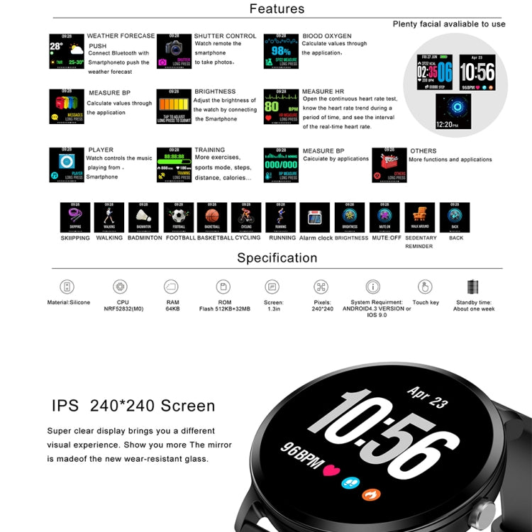 V11 Smartwatch Real-time Heart Rate Blood Pressure Monitor Multi-sport mode Breathing Light Smart Watch for Android IOS Phone