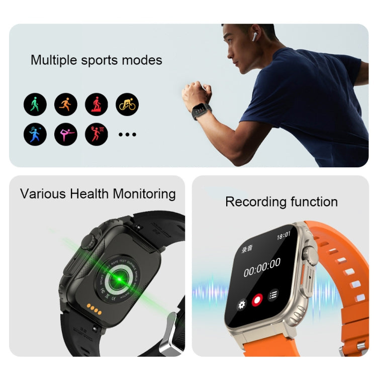 A70 1.96 Inch Health Monitoring Multifunctional IP68 Waterproof Bluetooth Call Smart Watch, Black, Orange