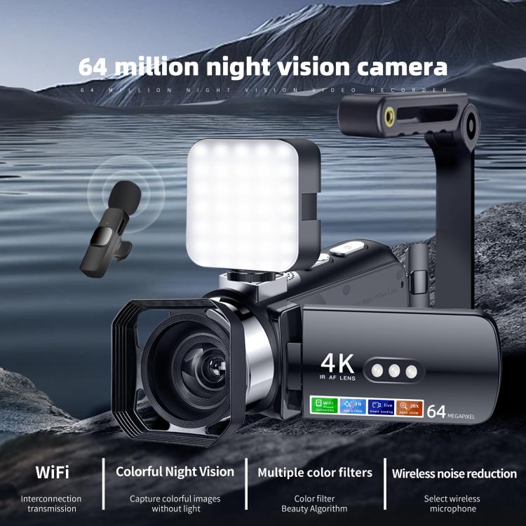 WiFi HD 4K Lightless Colorful Night Vision Digital Video Camera, Black, Black + Fill Light, Black + Lens Hood, Black + Wireless Noise Reduction Microphone, Black + Bracket, Black 4pcs /Set, Red, Red + Fill Light, Red + Lens Hood