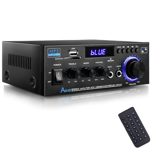 WOOPKER AK45 Bluetooth 5.0 Home Audio Amplifier Stereo ReceiversMax 300W 2.0 Channel Stereo Power Amplifie System with USBSD CardRCA2 MIC in Home Amp for Home Theater SpeakersStudio Karaoke