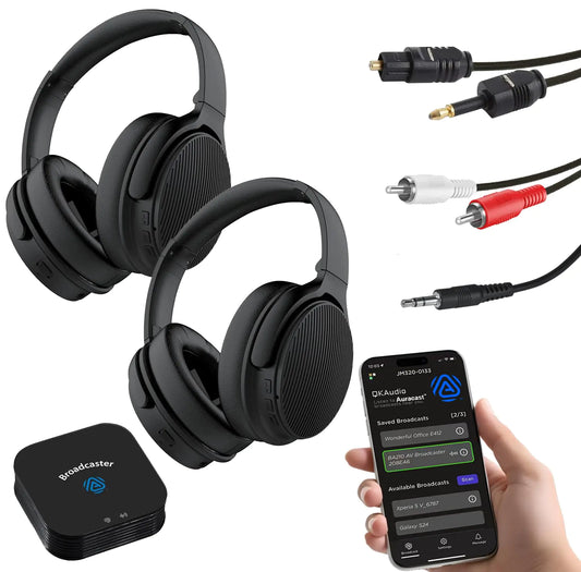 HomeSpot JM320 Auracast TV Headphones with Transmitter for AV Home Theater Movie Projector Bluetooth 5 Seamless Switching with Mobile Tablet LE Audio No Delay 60 Hrs (2 Headphones Companion Pack)