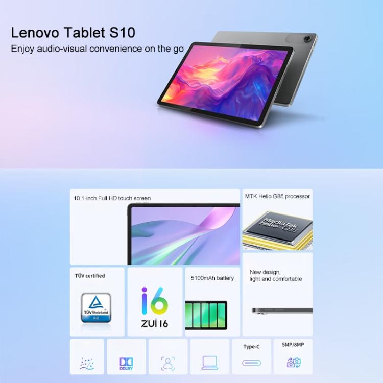 Lenovo S10 10.1 inch WiFi Tablet, 8GB+128GB, ZUI16, MTK Helio G85 Octa Core, Recovery Version