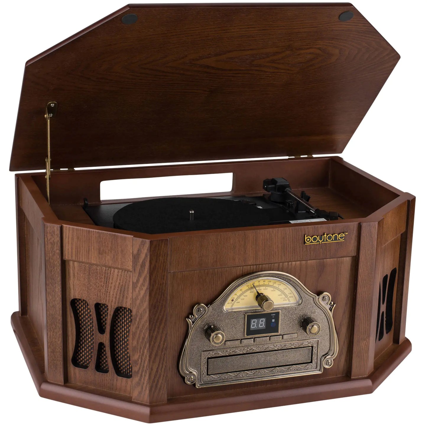 Boytone BT-25MB 8-in-1 Natural Wood Classic Turntable Stereo System with Bluetooth Connection Vinyl Record Player AM/FM CD Cassette USB SD Slot. 2 Built-in Speakers Remote Control MP3 Player