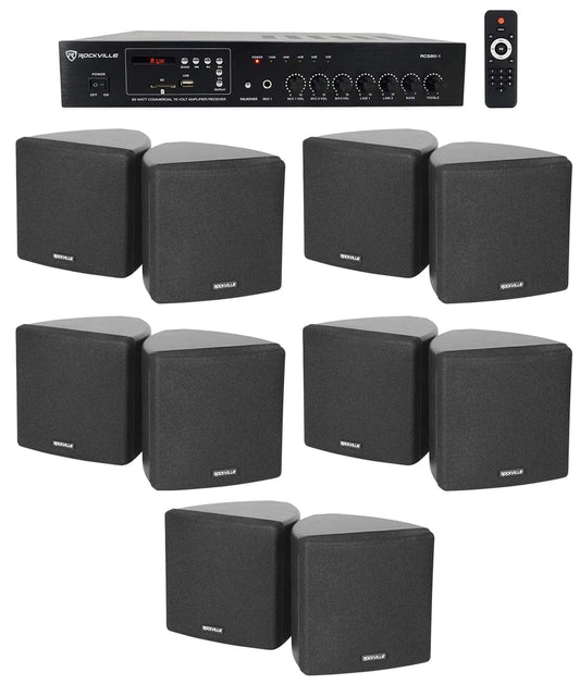 Rockville Commercial Restaurant Bluetooth Amplifier+10 3.5" Black Cube Speakers