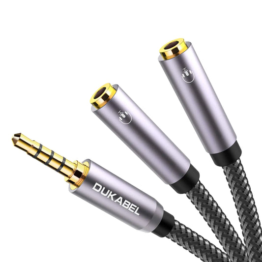 DUKABEL Headphone Splitter Strong Braided & Gold-Plated 3.5mm Stereo Audio Y Splitter Cable 4-Pole Male to 2-Female Port Audio Stereo Cable Dual Headphone Jack Adapter Top Series