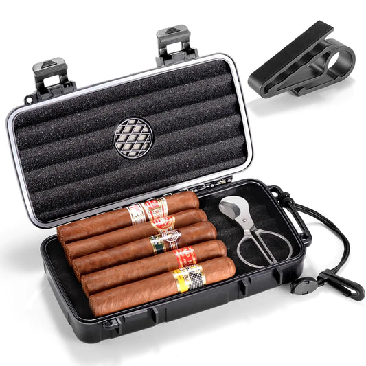 Marvero Portable Cigar Humidor Case - Travel Cigar Box with Built-in Humidifier Disc Stickers & Cigar Cutter | Airtight | Portable | Water/Crushproof (Holds up to 5 Cigars)